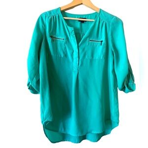 My Michelle Teal Blouse Button Down Casual Dress Shirt Zipper Pockets Accents